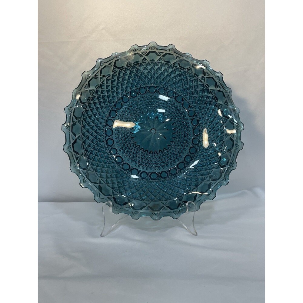 Iridescent Blue Carnival Glass Ruffled Edge Starburst Diamond Dish Plates (2pc)